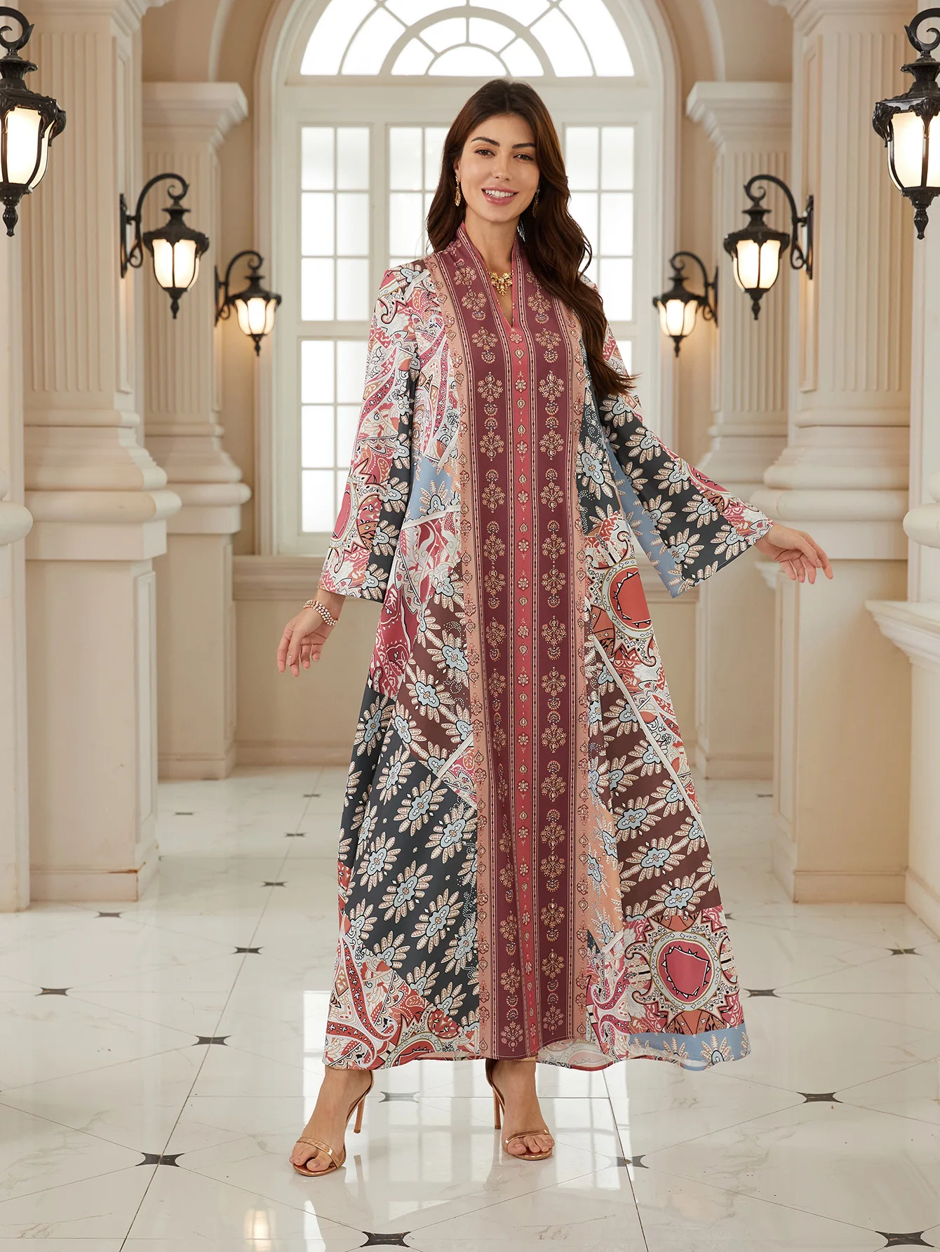

Middle Eastern Modest Dress Ethnic V Neck Boho Dress Long Sleeve Floral Printed Maxi Dress Loose Flowy Jalabiya Gown.