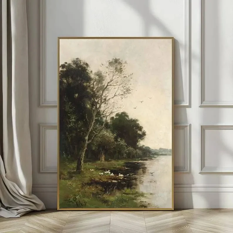 Vintage Landscape Canvas Painting Wall Art Antique River Landscape Painting Rustic Cottage Wall Decor No Frame