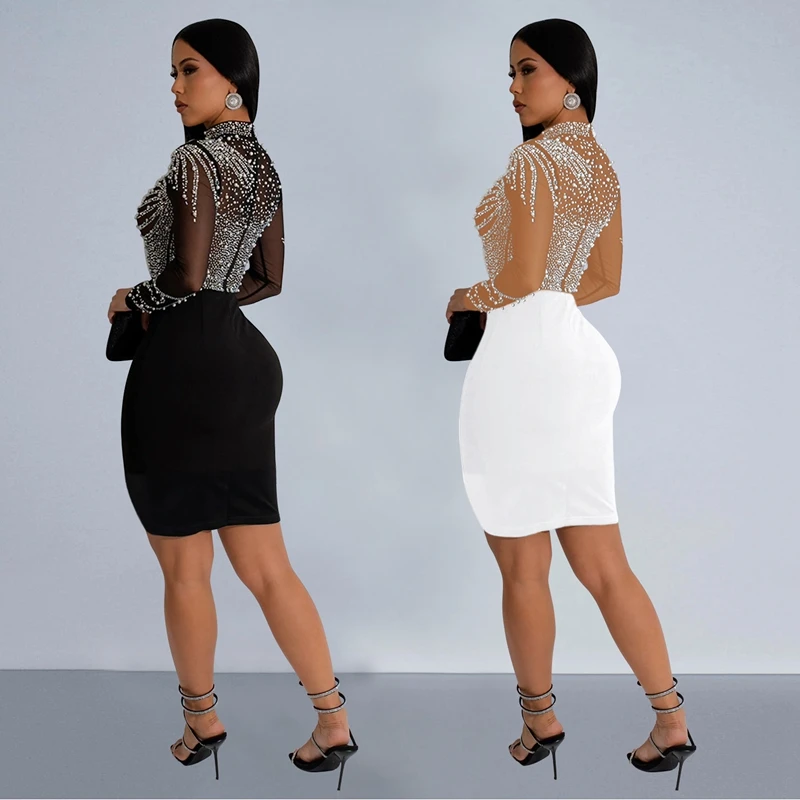 Midi Kleider schiere Mesh Strass Herbst Sommer Langarm einteiliges Kleid sexy Frauen Kleidung Luxus Party Nachtclub Outfits