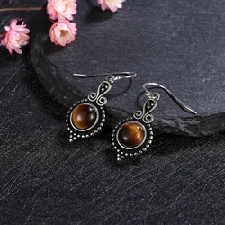 Natural Tiger Eye Drop Earrings S925 Silver Vintage Rhodochrosite Jewelry Charoite Engagement Birthday Gifts for Women