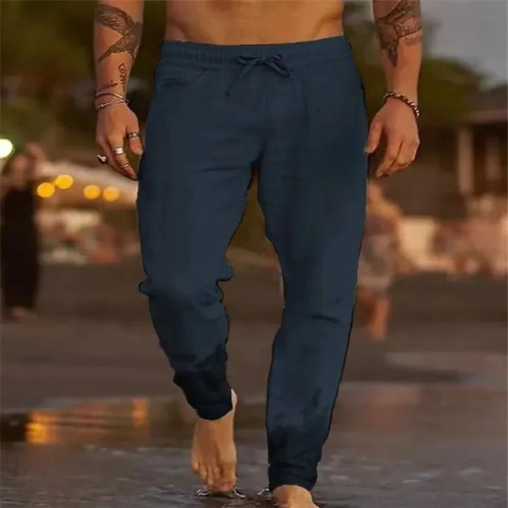 Men's Beach Pants Joggers Streetwear Cotton Linen Sweatpants Casual Pants Hawaiian Vacation Loose Summer Straight Pants Male