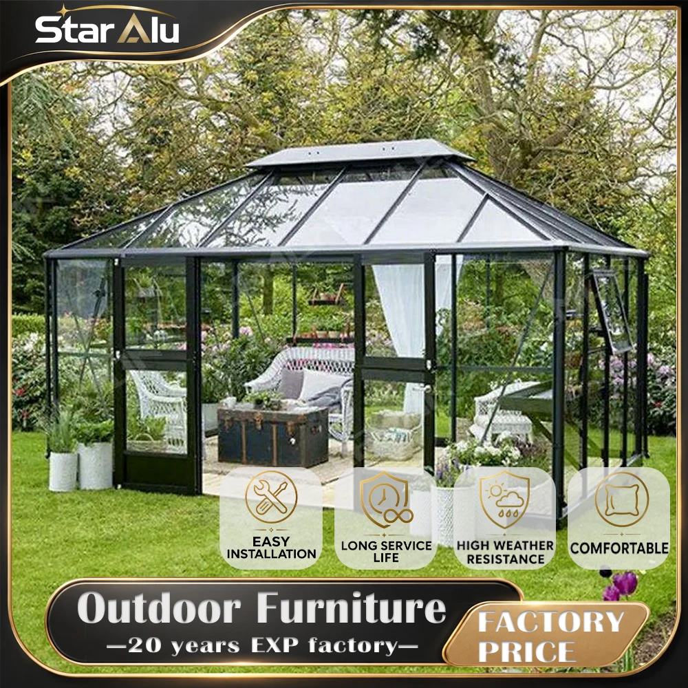 Freestanding Aluminum Glass Sunroom Hip Roof Conservatory with Sliding Doors Custom Size Garden Room Easy Installation