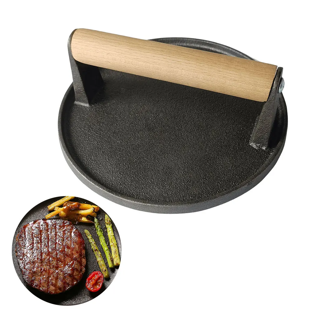 Cast Iron Burger Smasher Multifunctional Meat Steak Press with Wood Handle Thickened for Griddle Sandwich Nonstick Pan