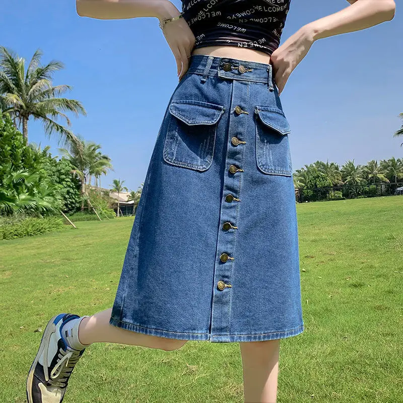 High-waisted Denim Skirt 2025 Spring Summer Women's Medium-length Autumn New Style Korean Fashion Single Breasted A- Line Skirt
