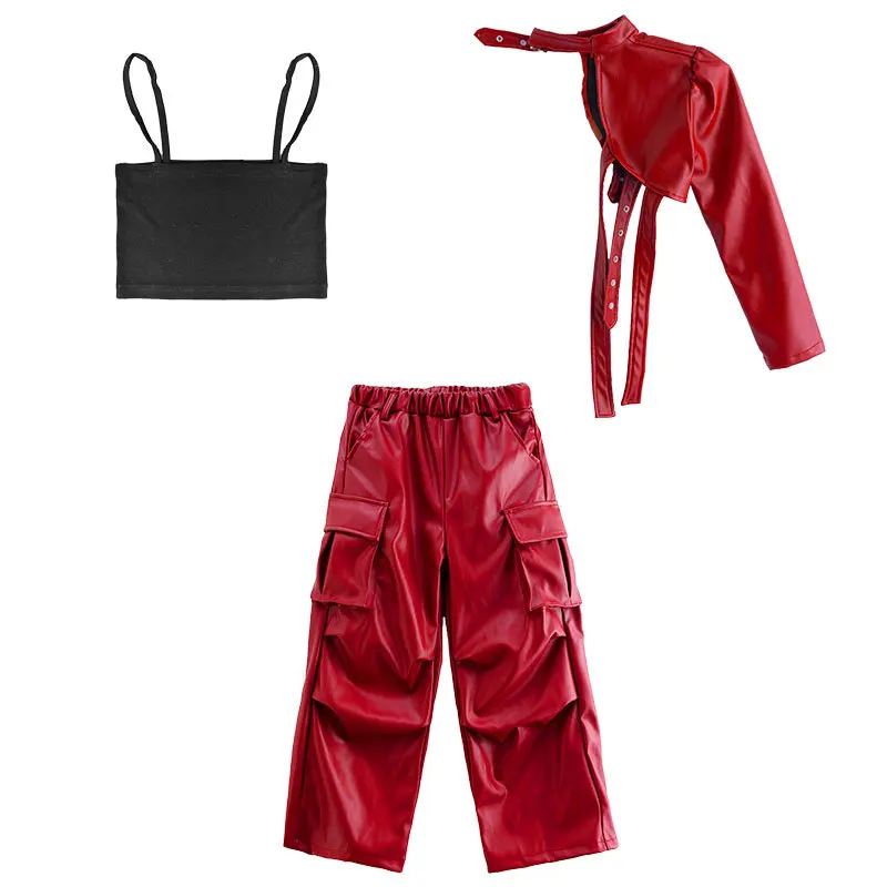 Kid Hip Hop Clothing T Shirt Crop Top Wine Red Arm Sleeve Faux Leather Casual Cargo Pants for Girl Jazz Dance Costumes Clothes