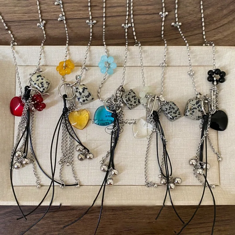 

Square Marbling Stone Glass Heart Pendant Necklaces for Women Leather Bow Long Chains Tassel Necklace Trendy Party Jewelry Gifts