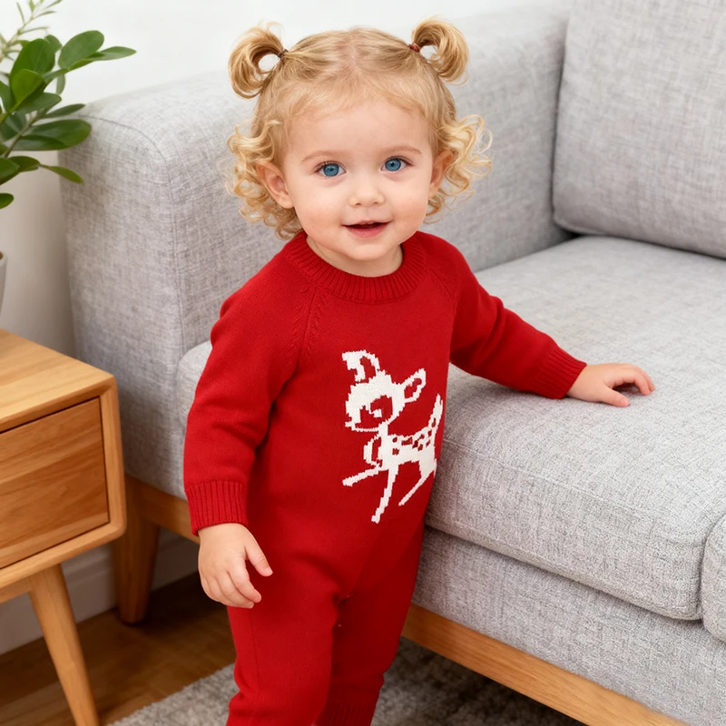 

Рождественские детские комбинезоны, осенний детский вязаный комбинезон для новорожденных, пуловер с пятнистым оленем, одежда, вязаный комбинезон, осенний милый свитер