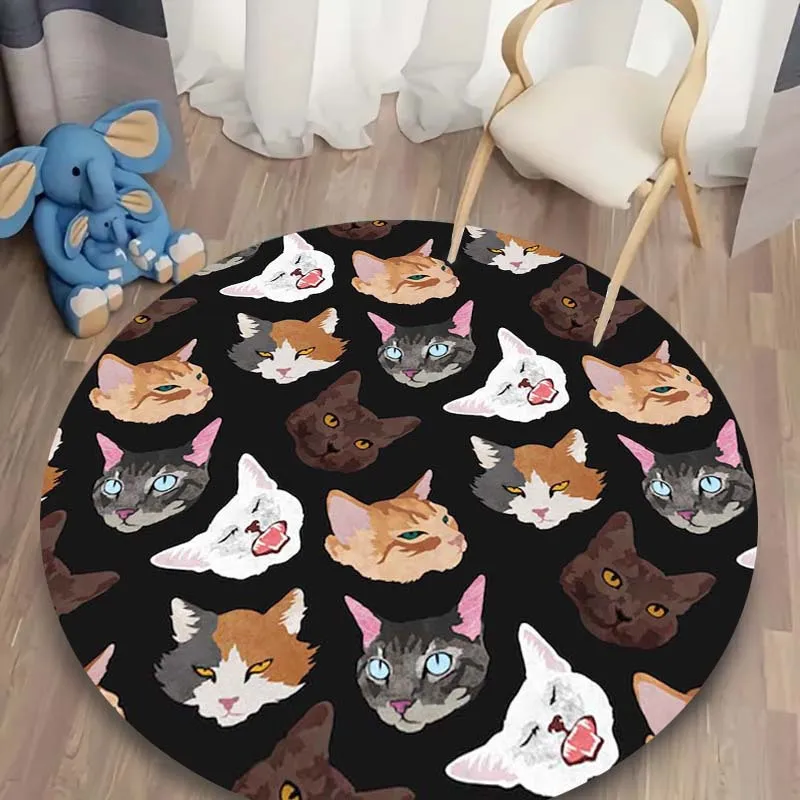 Multiple Cat Faces Pattern Round Rug Flannel Kitten Lover Gift for Kids Room Pet Owner Home Decor Feline Themed Floor Mat