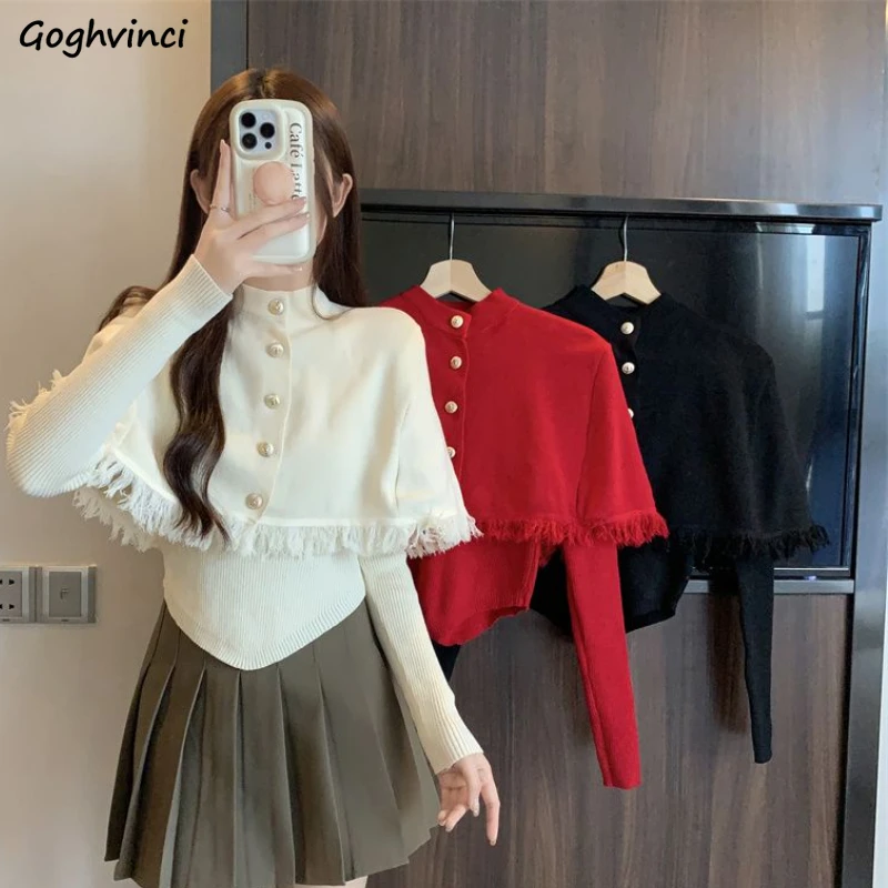 Women Sweaters Two Piece Sets Classy Tassel Korean Style Temper Cape Type Knitwear Aesthetic Feminine Vintage Chic Tops Autumn