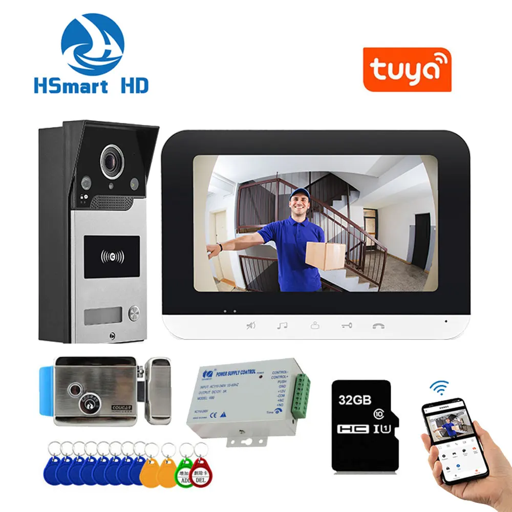 Tuya WiFi Smart Video Door Phone Intercom System, Monitor e Bloqueio, Câmera RFID Campainha, Telefone APP Desbloqueio, 7 \