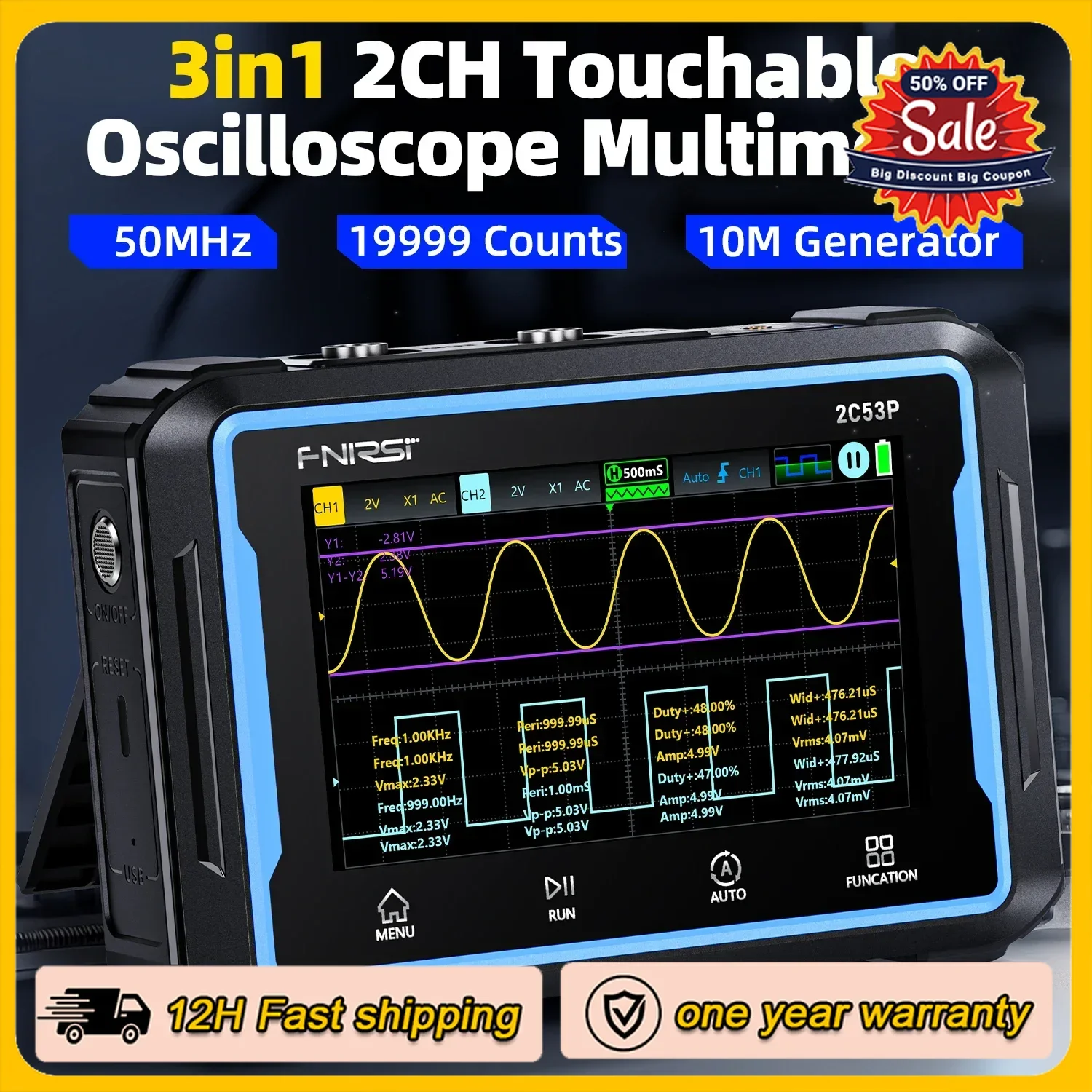 FNIRSI 2C53P Touch Screen Portable Digital Oscilloscope Multimeter Signal Generator 3 in1 2 Channel 50MHz 250Ms/S 19999 Counts