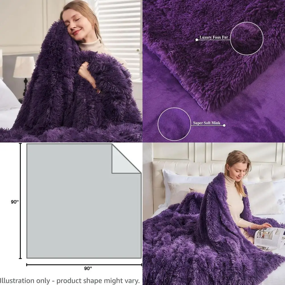 

Фиолетовое плюшевое пушистое одеяло размера «queen-size» для дивана, дивана и кровати (90x90)