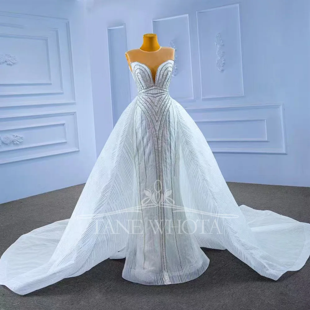 Vestido de Novia Sexy de sirena, Vestidos de Novia con cuello redondo, sin mangas, con cordones en la espalda, perlas, ajuste personalizado para novias