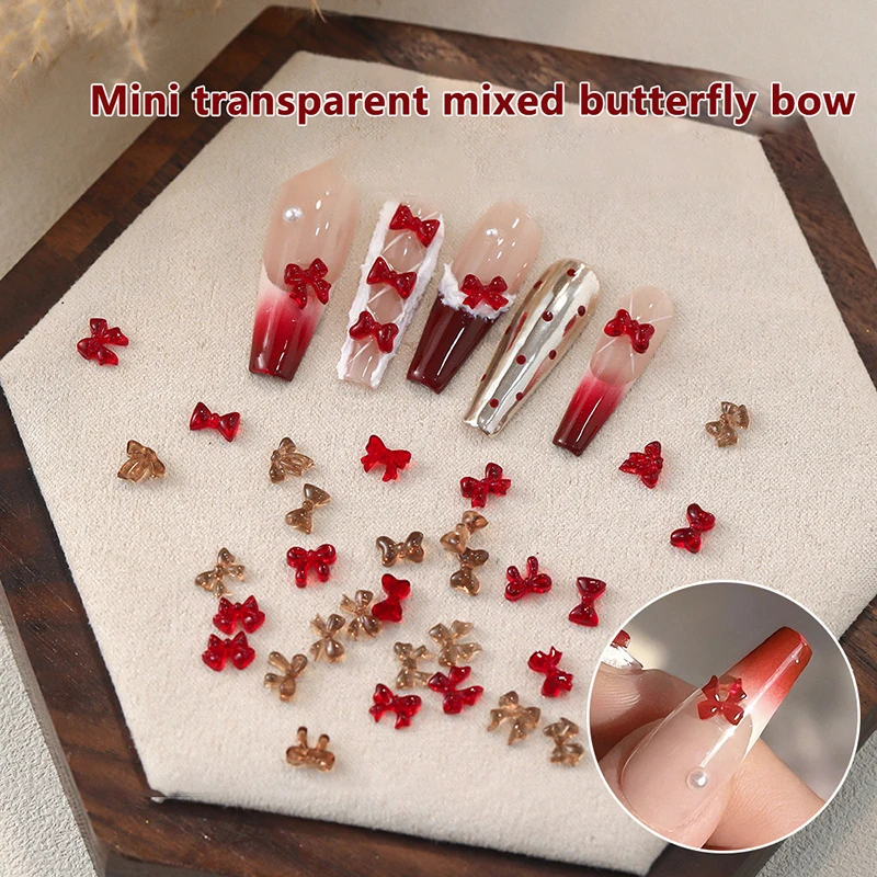 DIY 한국 매니큐어 장식용 미니 리본 송진 활 네일 참, 귀여운 미니 나비 매듭 나비 3D 라인석, 50 개