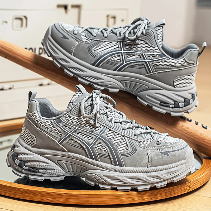 Men Grey Mesh Chunky Dad Shoes Breathable Non Slip Thick Lug Sole Shock Absorbing Outdoor Walking Casual Sports Sneakers