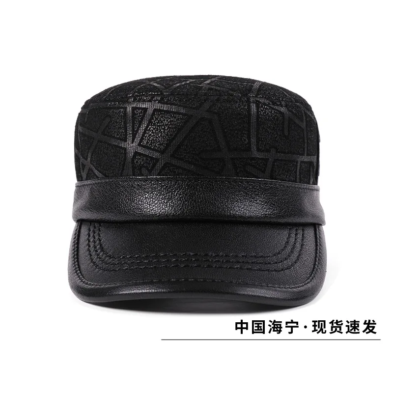 flat top cap middle-aged and elderly men's outdoor suede suede printed autumn and winter leather hat