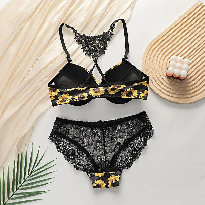 Women's Sunflower Bra Set Push Up Lace Back Lingerie Set 2 Piece Underwear 2026 - Image 2