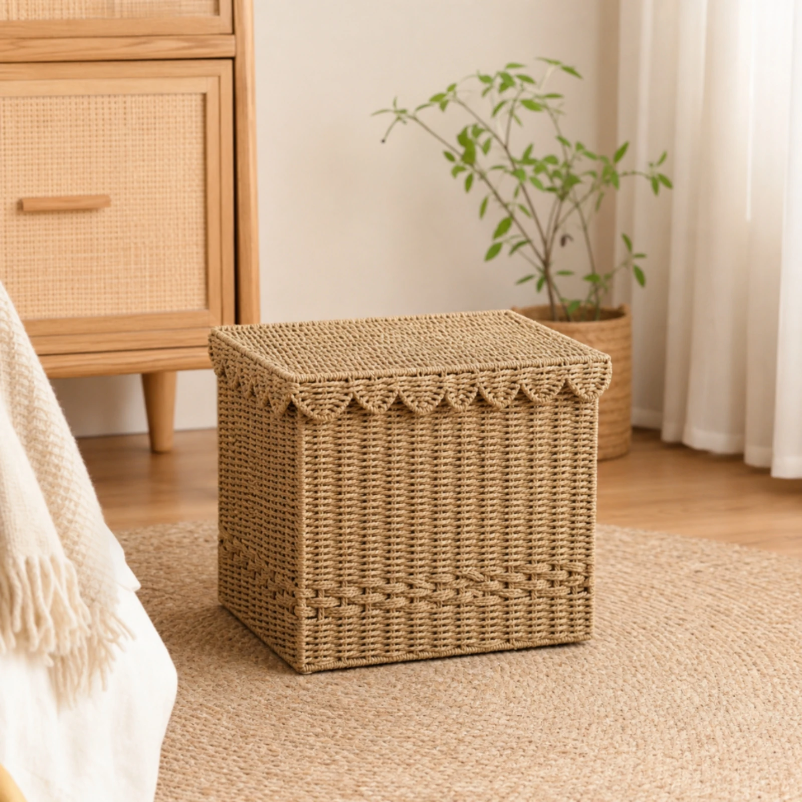 Storage Basket with Lid Handwoven Rope Basket with Lining Decorative Natural for Bedroom, Bathroom