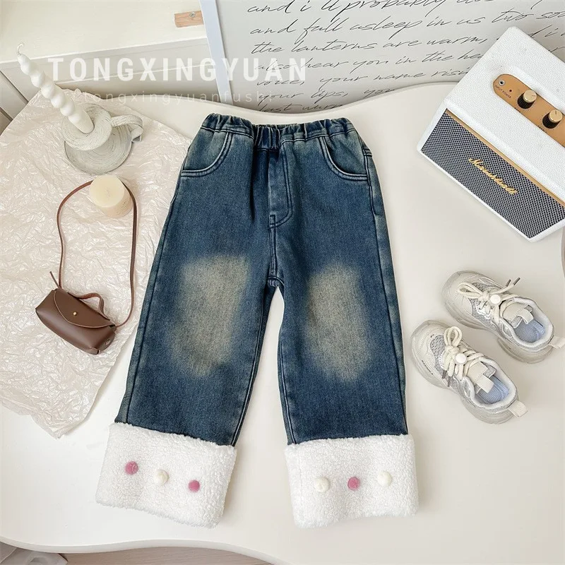 Winter Koreanische Kinder Mädchen Jeans Spleißen Haarige Beine Plus Samt Baby Mädchen Warme Hosen Stretch Fleece Kinder Mädchen Hosen