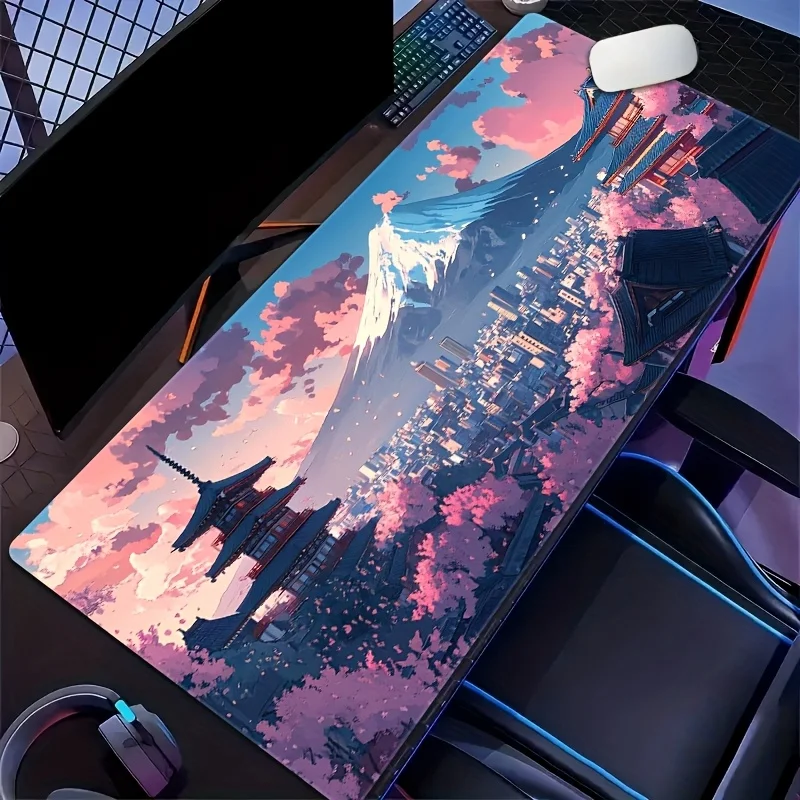 Large Gaming Mouse Pad with Stunning Ancient Architecture & Mountain Landscape Design, Non-Slip Rubber Base, Precision Stitched