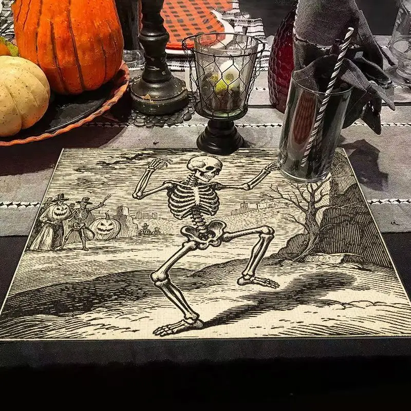 VIKAMA Vintage Dancing Skeleton Halloween Placemat Retro Print Linen Spooky Dinner Party Table Decor