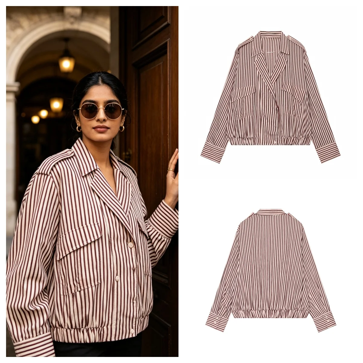 Guobioziy Women's Shirt 2026 Early Autumn New Fashionable Versatile Collared Pocket Stripe Detail Pilot Jacket Style Shirt