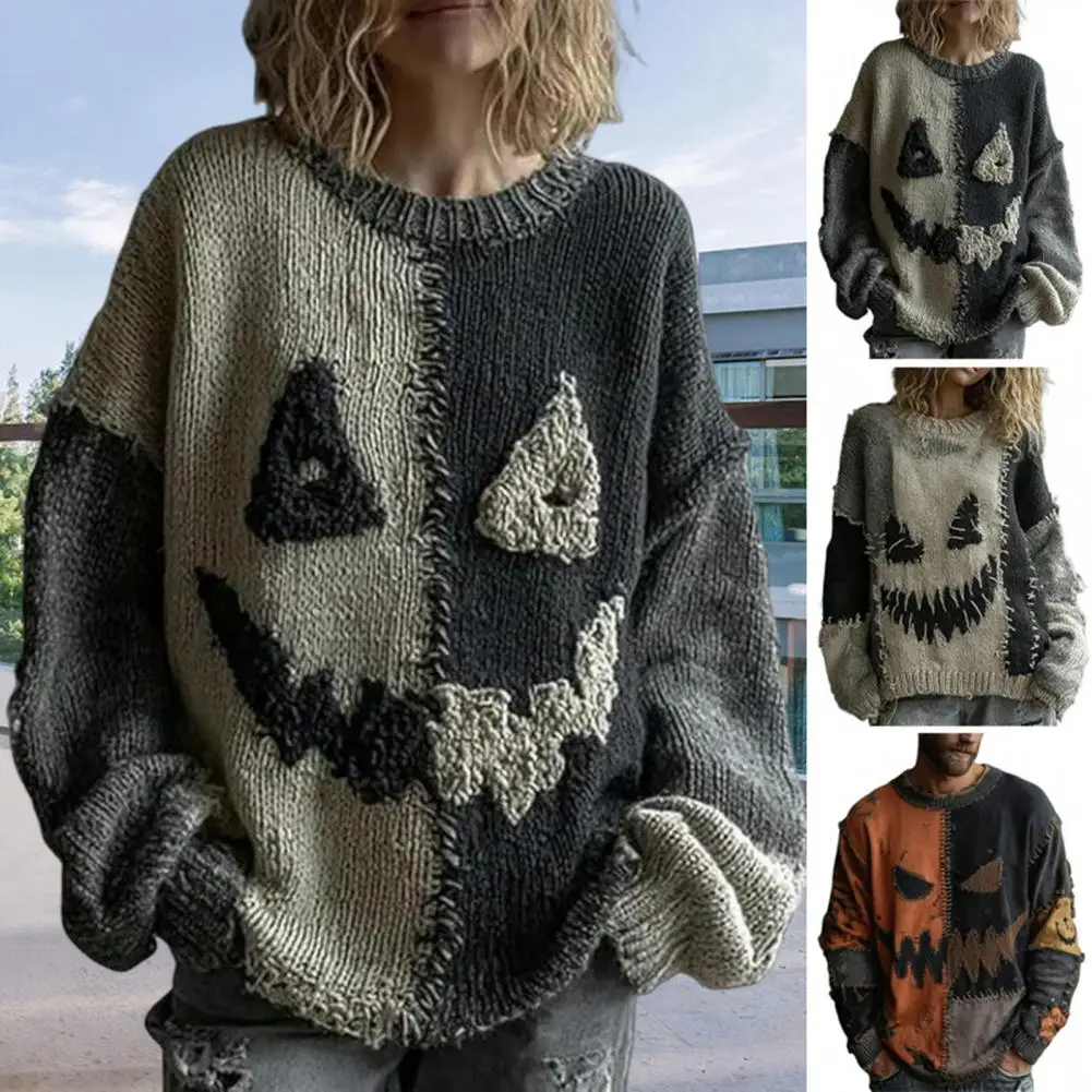 Women Polyester Sweater Comfortable Women Hoodie Spooky Face Halloween Sweaters for Women Patchwork Print Knit Top Crewneck