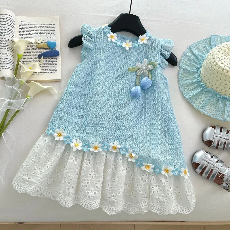 Vestido para niña, novedad De verano, sin mangas, apliques De retazos, vestido pequeño De manga voladora con sombrero, Ropa De Niña para niña