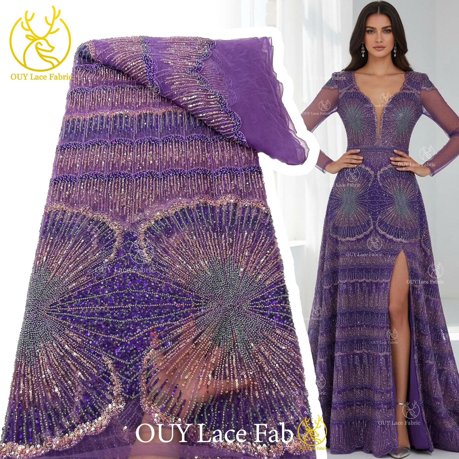 Luxuriöser Gold-Lila Afrikanischer Perlen-Pailletten-Spitzenstoff 5 Yards Exquisiter Französischer Nigerianischer Tüll-Spitzenstoff für Abendkleider und Hochzeitskleider – Detail 5