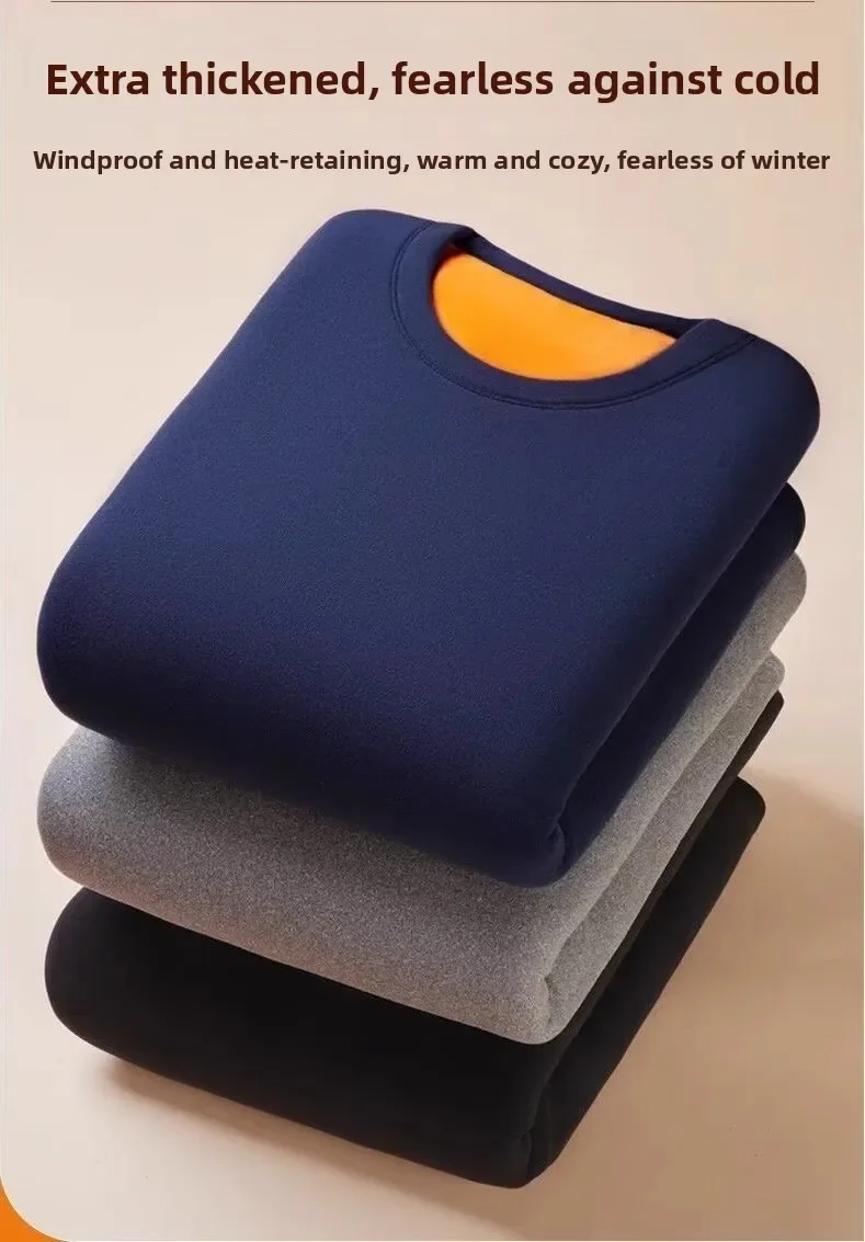 تي شيرت رجالي حراري من الصوف الذهبي بأكمام طويلة ورقبة دائرية مبطن بالصوف طبقة قاعدة سميكة قميص داخلي دافئ ملابس داخلية بلوفر #4