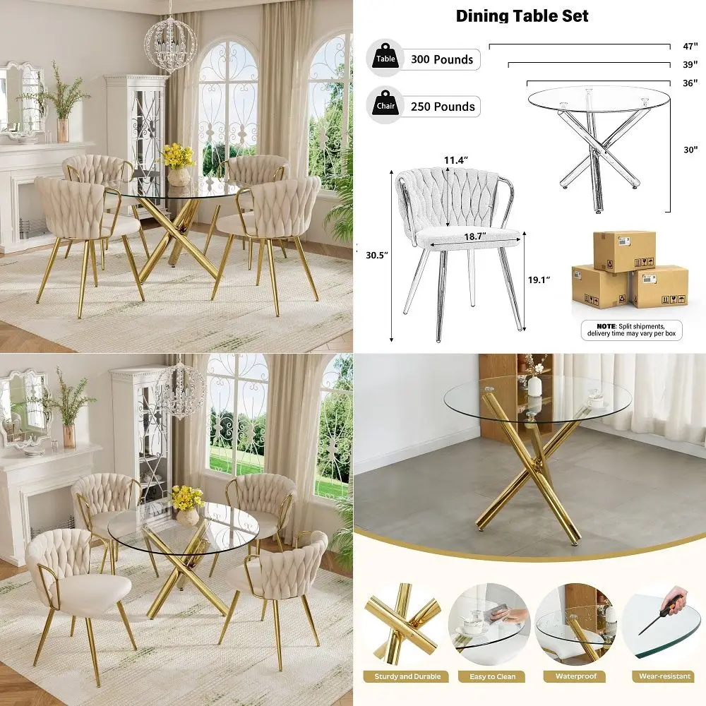 

Round Glass Dining Table Set for 4, 5Piece Modern Dining Room Table Set, Circle Kitchen Table Set with 4 Beige Velvet Dining Ch
