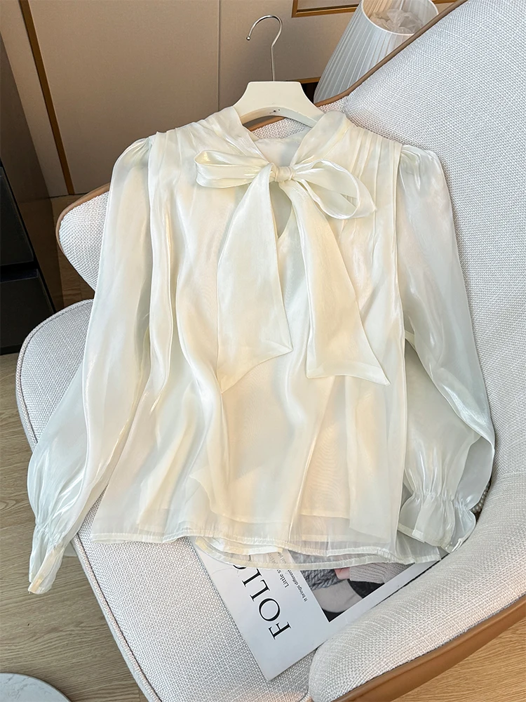 Korejpaa-camisa elegante con cuello de lazo para Mujer, Blusa Coreana de manga acampanada, color liso, para otoño, 2024