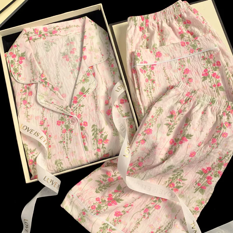 

Spring/Summer Sweet & Cute Cloud-Print Cotton Pyjamas Women's & Teenage Girls' Three-Piece Set Casual Sleepwear Homewear Ensembl