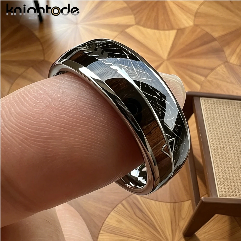Black Meteorite/Koa Wood Unique Texture Inlay Tungsten Carbide Ring For 8mm Men Women Wedding Slivery Arrow Dome Polished