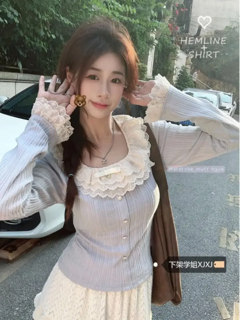 Korean Sweet Ruffles Lace O-neck T-shits Y2k E-Girl All-match Slim Fit Knitted Tops Women Spring New Long Sleve Blusas Mujer