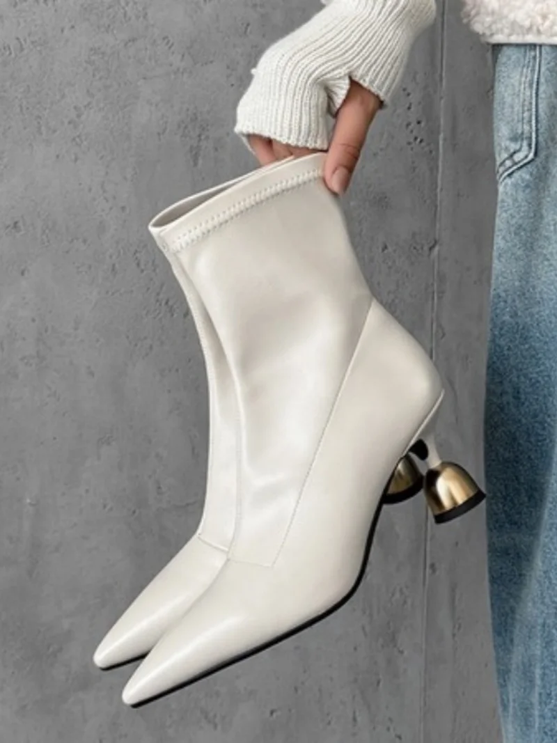 Women White Leather Ankle Boots Bell-Shaped Metallic Heel Design Pointed Toe Luxury Elegant Dress Daily Office Lady Short Botas