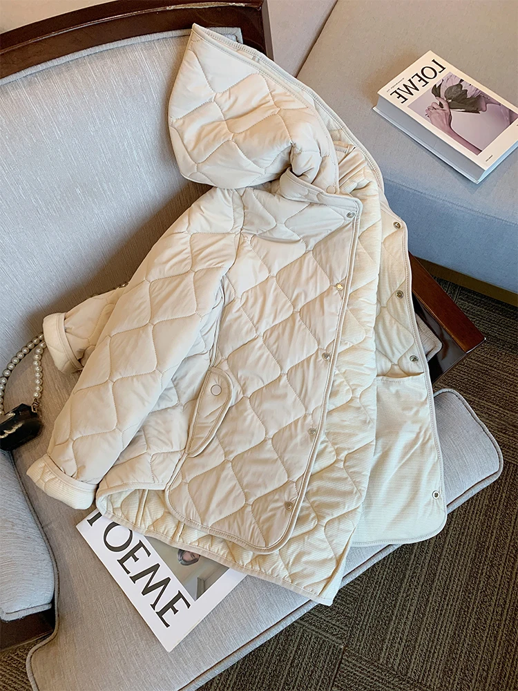 

Женская свободная хлопковая куртка с капюшоном, с ромбовидным узором, осенне-зимняя, теплая, утягивающая, маленького размера, модное пальто