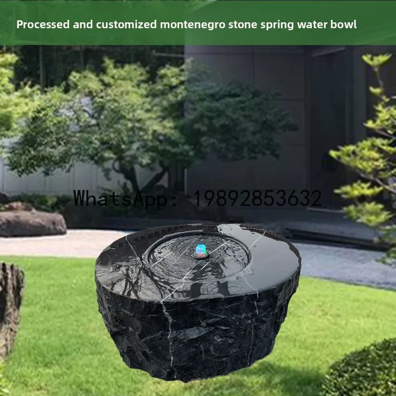 BJ  Carving Japanese Water Feature Fountain Black Mountain Stone Water Bowl Landscape Indoor Flowing Water Marble Hotel Ornament