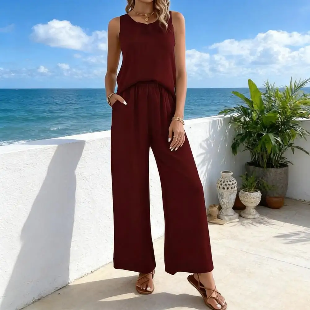 

Women Two-piece Suit Polyester Fiber Suit Women’s Summer 2 Piece Outfit Set Hollow Back Tank Top Wide Leg Pants Boho Beach