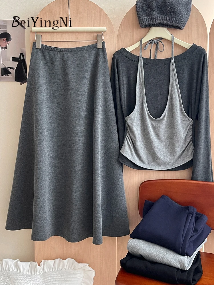 Spódnice damskie Beiyingni jesień-zima, francuskie, eleganckie, vintage, codzienne, z wysokim stanem, długa spódnica w kształcie litery A, elastyczna talia, faldas