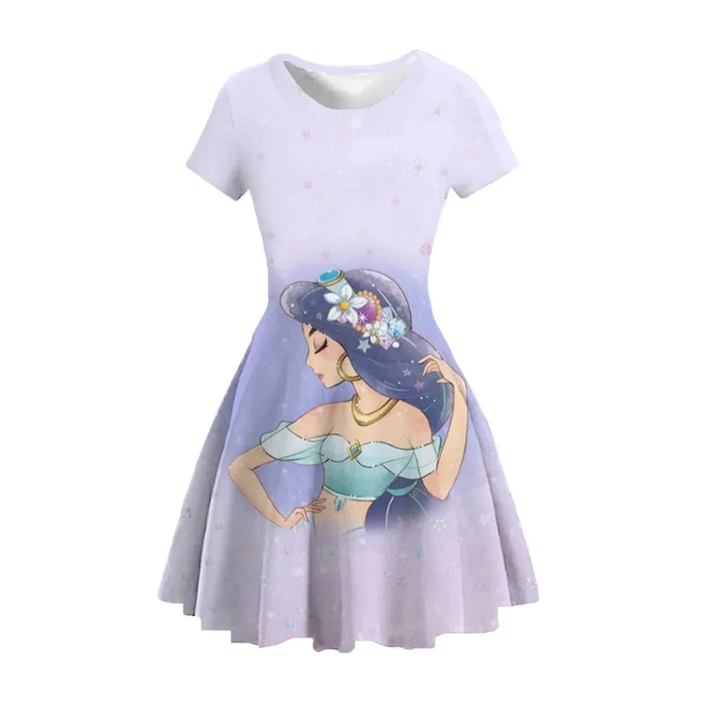 فستان كاجوال لرحلة ديزني لاند لعام 2026 للفتيات الصغيرات فستان الأميرة الناعم للأطفال إلسا مطبوع ملكة الثلج ملابس صيفية على شكل حرف A