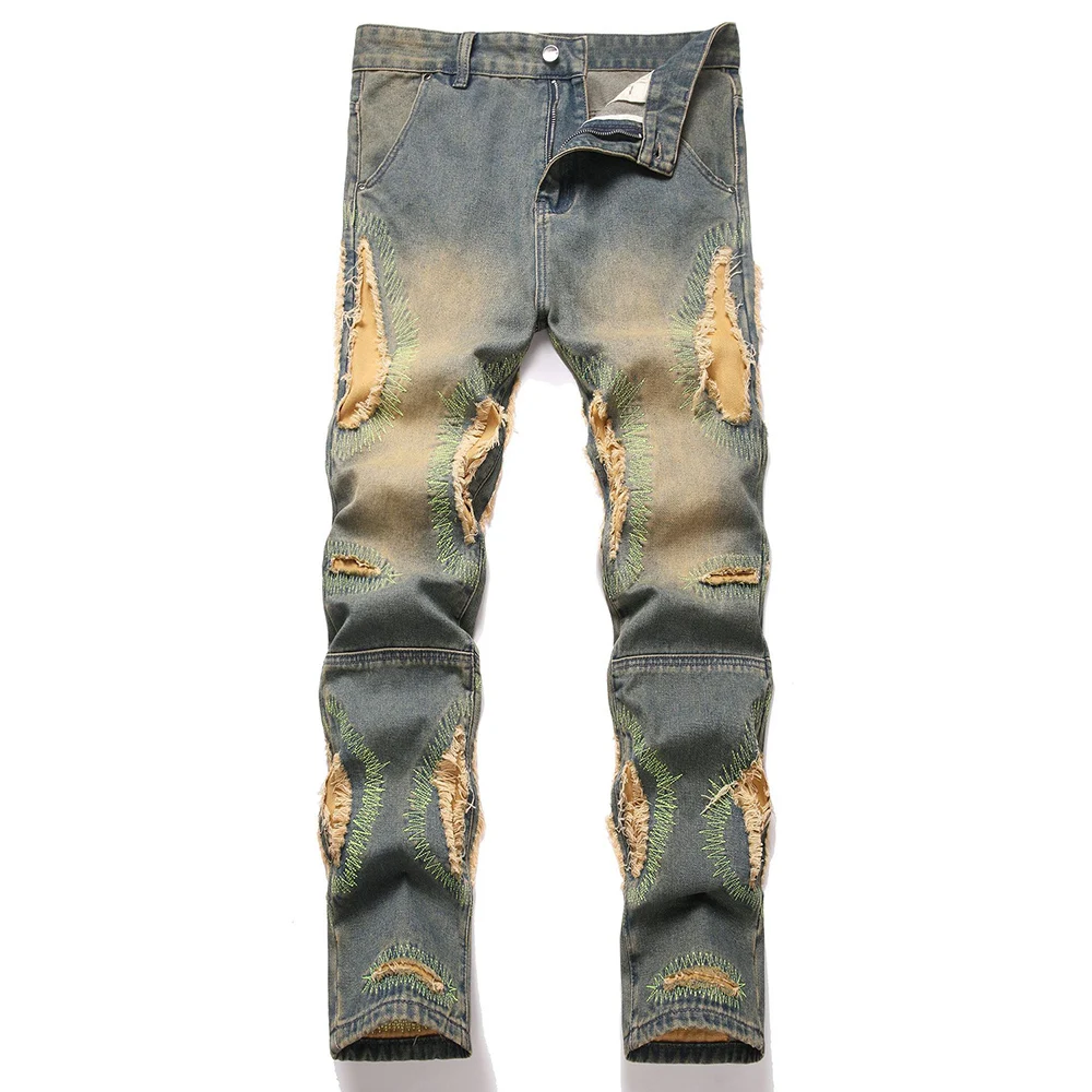 

Men Patchwork Denim Jeans Streetwear Embroidery Patches Ripped Pants Distressed Cotton Slim Straight Trousers