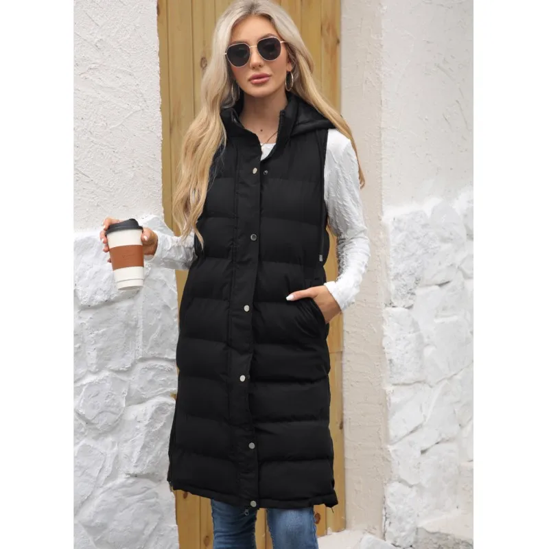 2025 nuevo chaleco de algodón con capucha a la moda para mujer Chaqueta larga abrigo color sólido sin mangas cremallera trajes cálidos gruesos