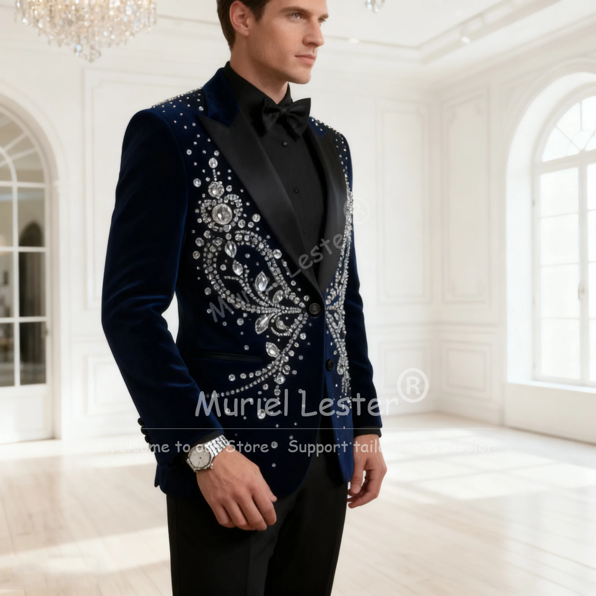 

Изысканные мужские костюмы с бриллиантами и бисером на свадьбу, черные пиджаки с остроконечными лацканами для выпускного вечера, костюм из 2 предметов по индивидуальному заказу, смокинги для жениха