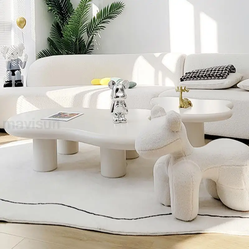 Creamy style Sliold Wood Tea Table In White Modern Apartment Living Room Furniture Household Simplicity Cloud Coffee Table Set image 3