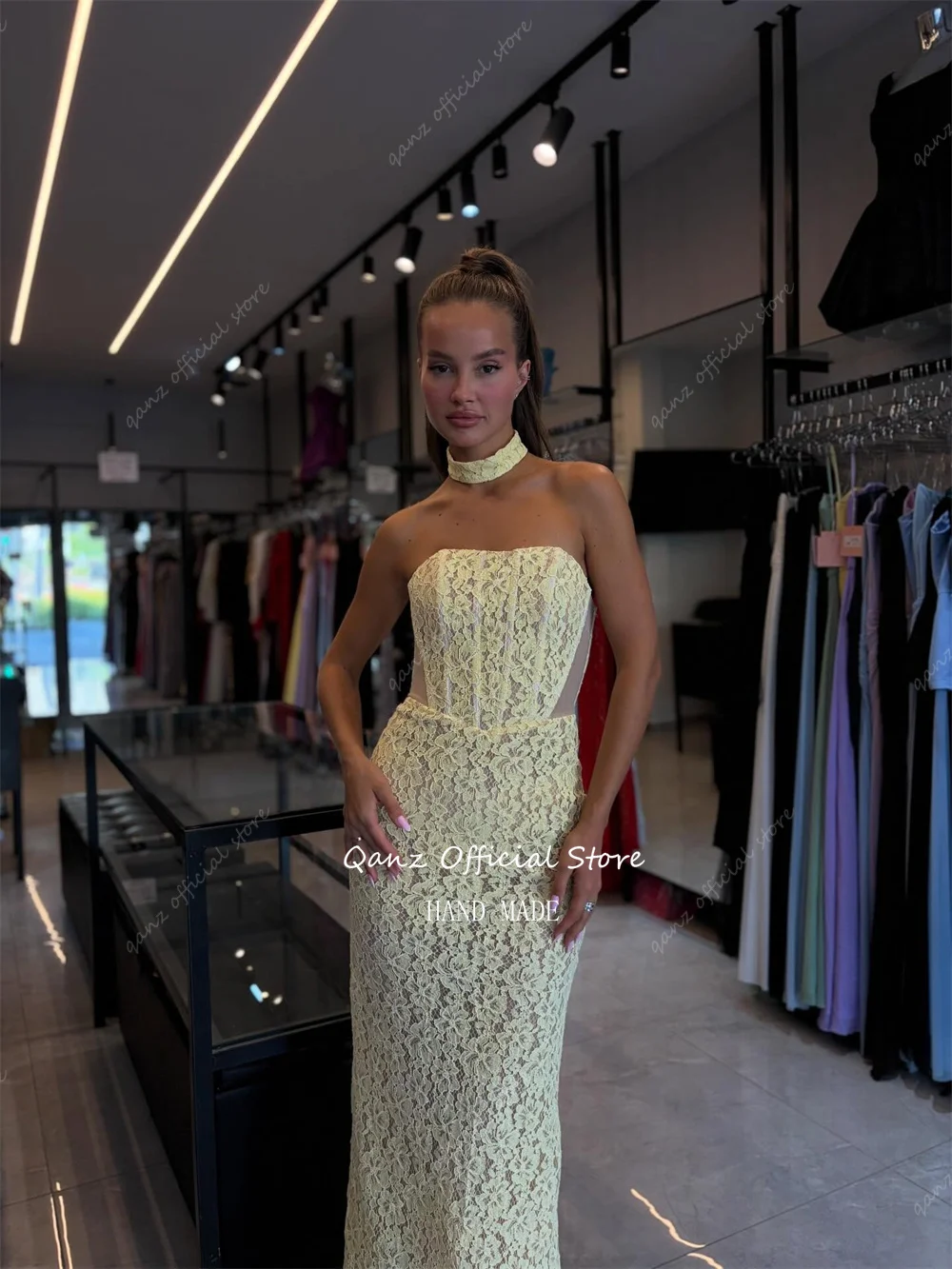 Qanz Yellow Full Lace Evening Dresses Women Elegant Mermaid Wedding Guest Dresses Classy High Slit Vestidos De Fiesta Customized