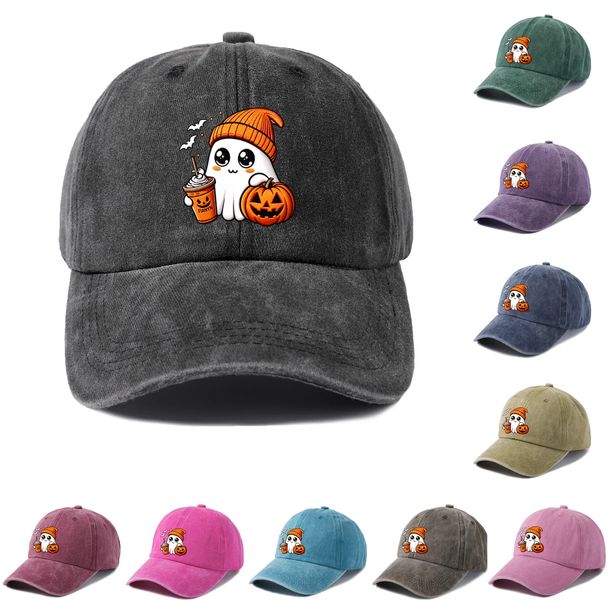 Cute Ghost Pumpkin Drink Graphic Vintage Washed Baseball Cap, Adjustable Unisex Dad Hat for Men and Women