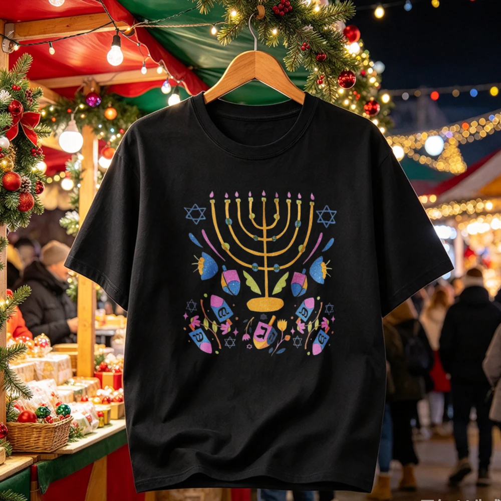 Colorful Hanukkah Menorah Dreidel Star of David Floral Graphic Print Vibrant Jewish Festival of Lights Holiday Streetwear Tshirt