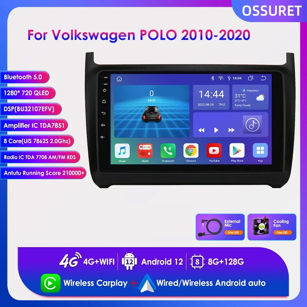 

Автомагнитола 9 "Octa Core Carplay, стерео Android 12 для Volkswagen POLO 2010-2020, Авторадио, мультимедийный плеер GPS Navi BT RDS DSP