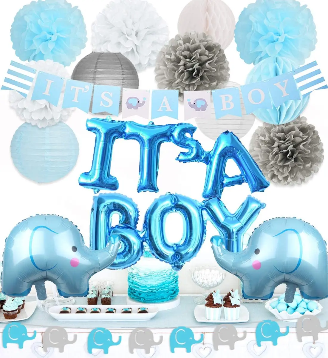 

Blue Elephant Baby Shower Decorations Boy Elephant Foil Balloons Garland It’s A Boy Banner for Baby Boy Shower Party Decorations